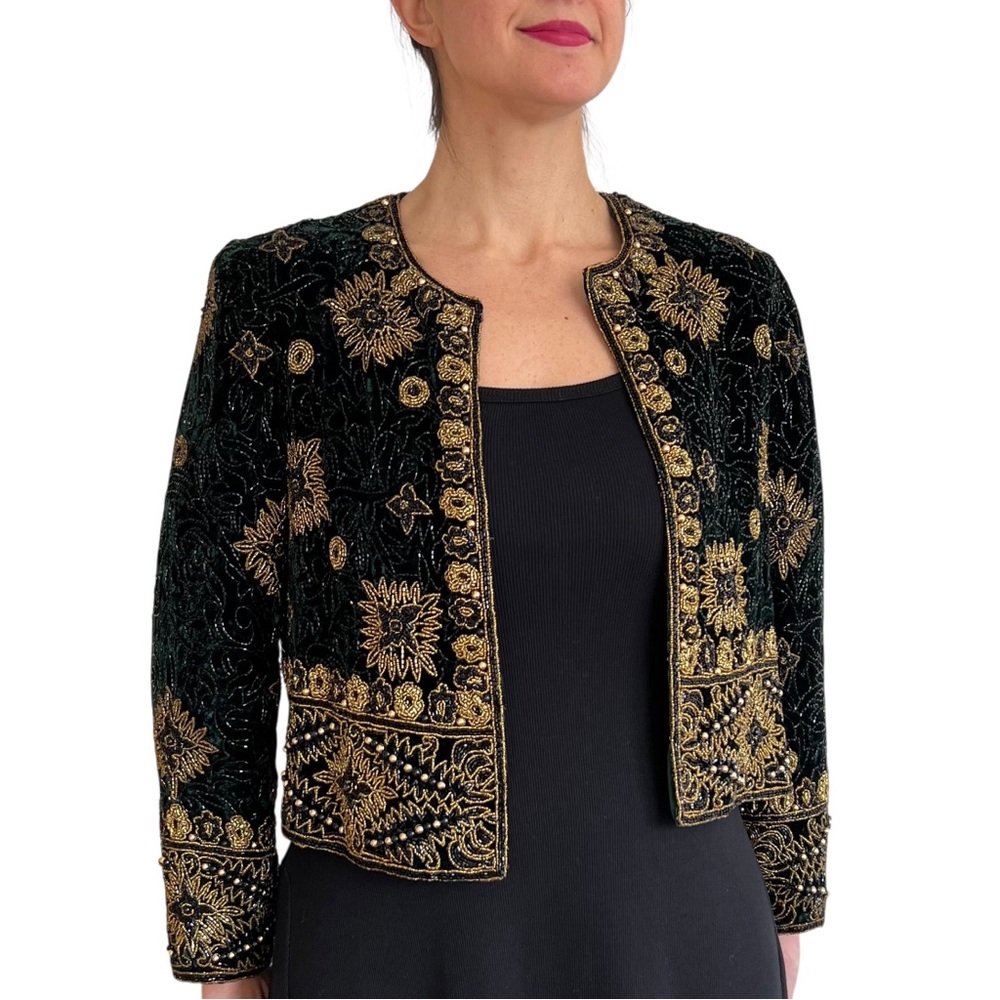 Vintage Fully Beaded Dark Emerald Green Velvet Jacket M/P